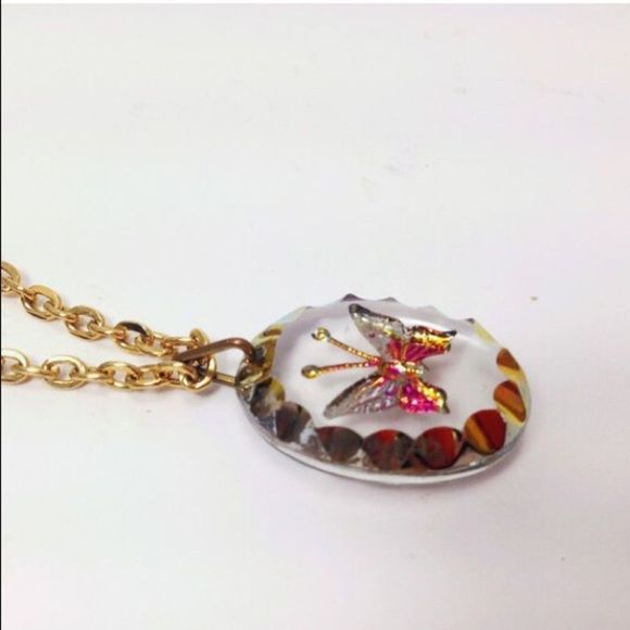 Vintage Jewelry - Vintage Necklace With Acrylic Butterfly Pendant